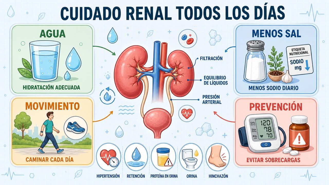 Hidratación, menos sal, movimiento y prevención sostienen el cuidado renal diario.