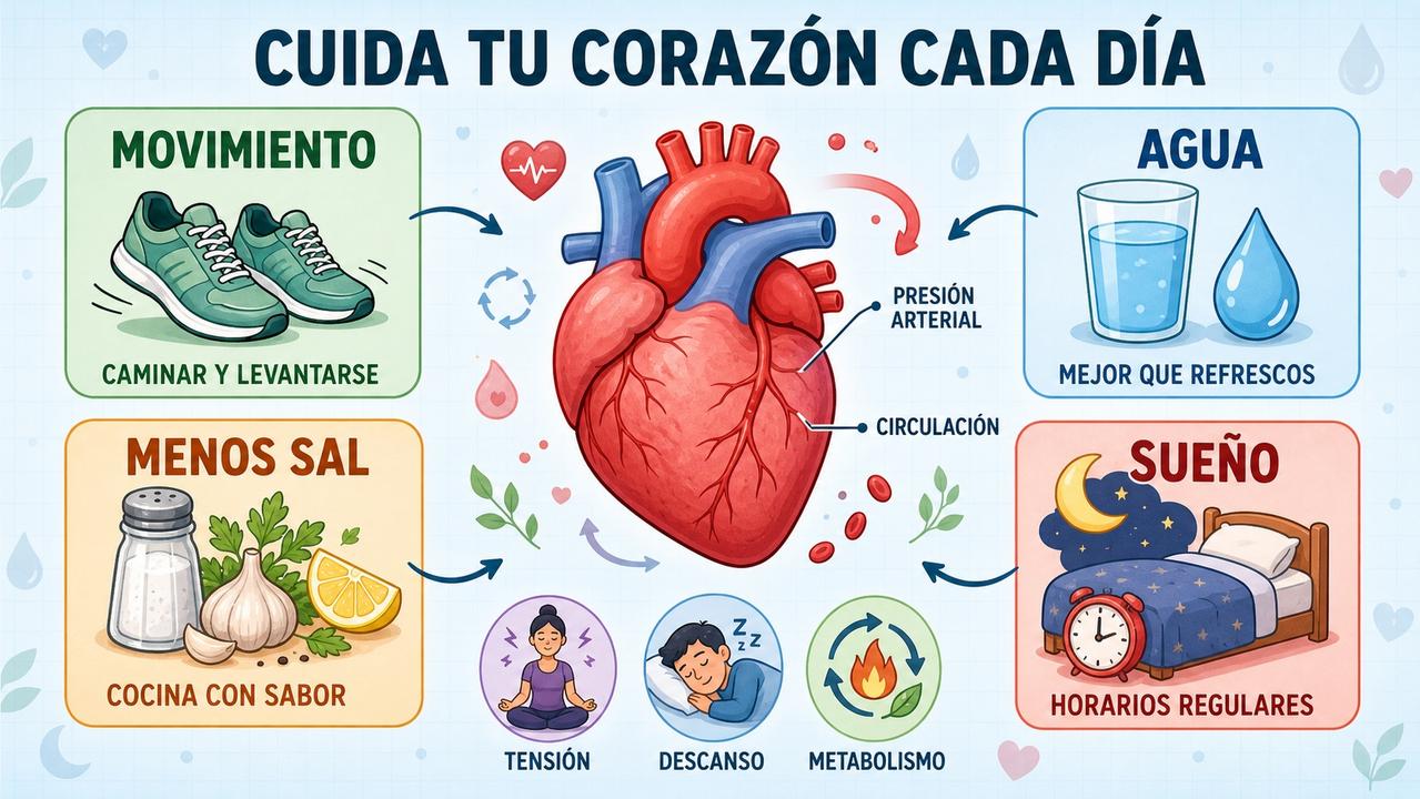 Movimiento, hidratación, menos sal y sueño forman pilares básicos del corazón.