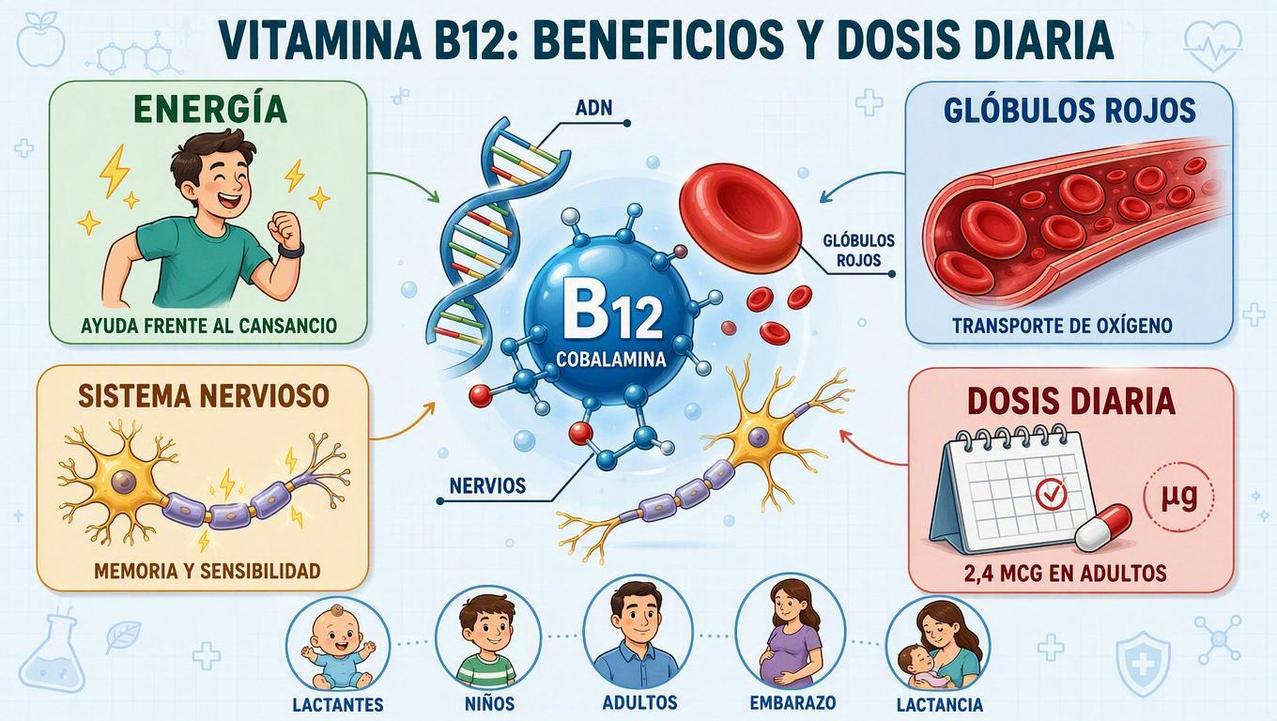 Beneficios clave de la vitamina B12 y dosis diaria según etapa vital.