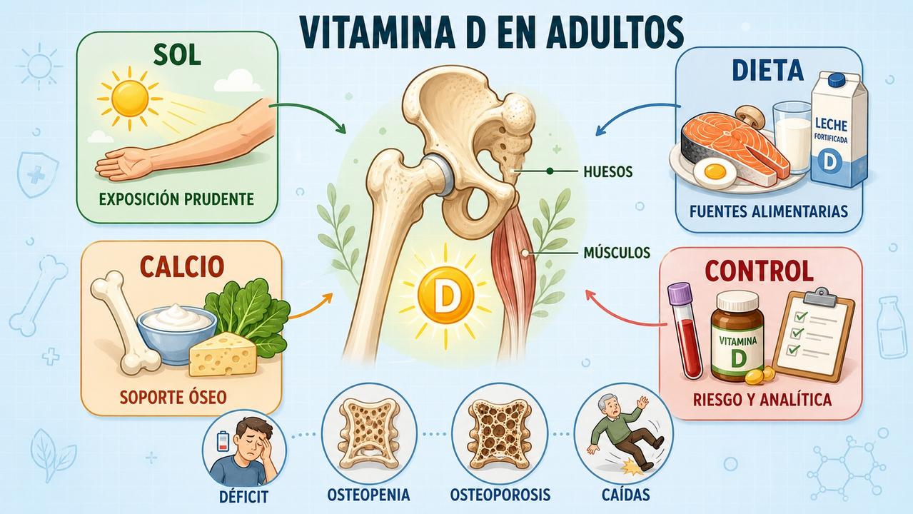 Sol, dieta, calcio y control orientan la salud ósea con vitamina D.