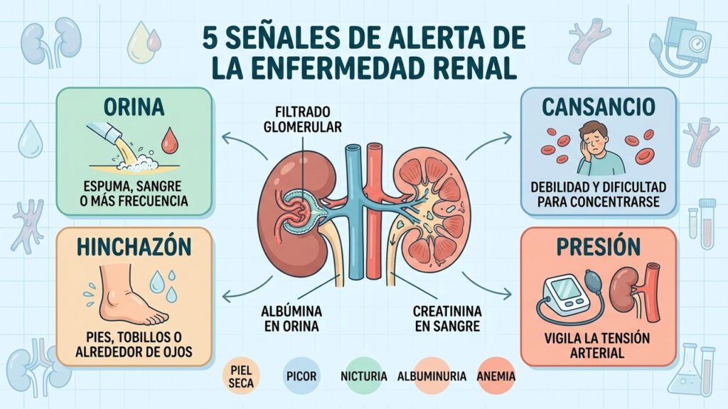 Orina, cansancio, hinchazón y presión arterial pueden alertar sobre alteraciones renales.