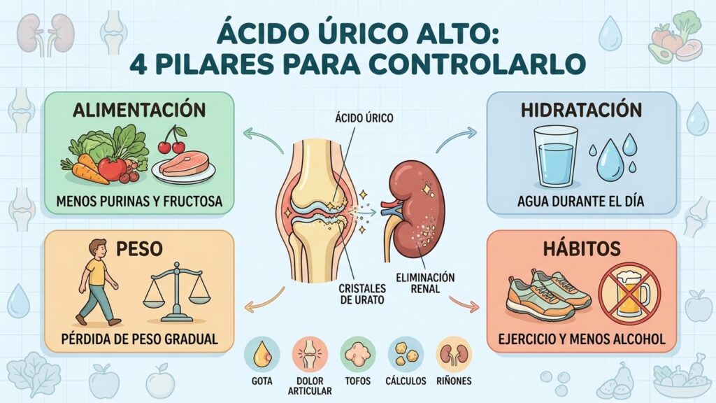 Cuatro pilares combinan alimentación, hidratación, peso saludable y hábitos para controlar el ácido úrico