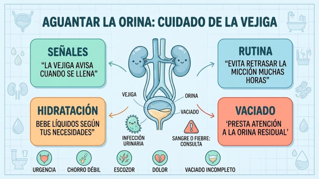 Aguantar la orina ocasionalmente no suele dañar una vejiga sana, pero no debe convertirse en hábito.