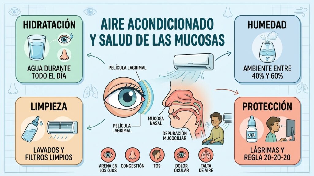 Hidratación, humedad, limpieza y protección ayudan a cuidar las mucosas climatizadas.