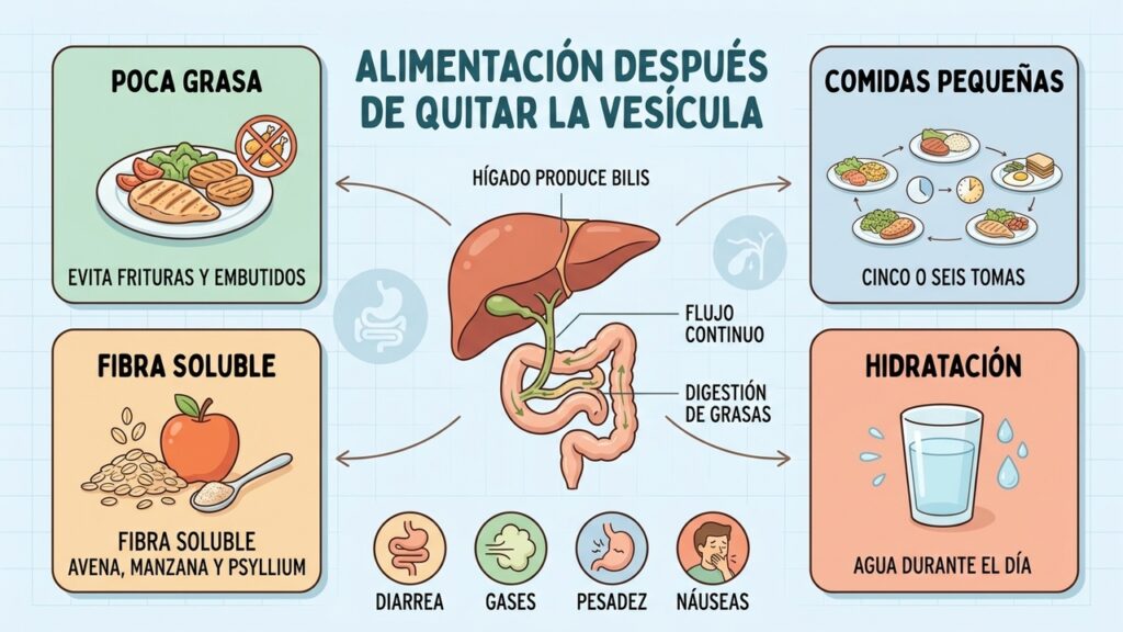 Cuatro pilares para reducir diarrea y molestias tras una colecistectomía.