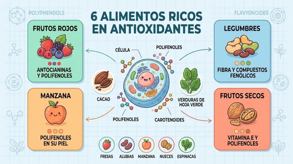 Seis alimentos destacan por sus polifenoles, carotenoides, flavonoides y vitaminas antioxidantes.