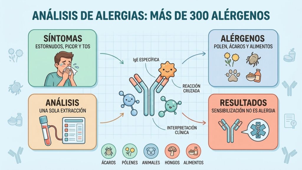 Síntomas, alérgenos, análisis e interpretación clínica orientan el diagnóstico de las alergias.