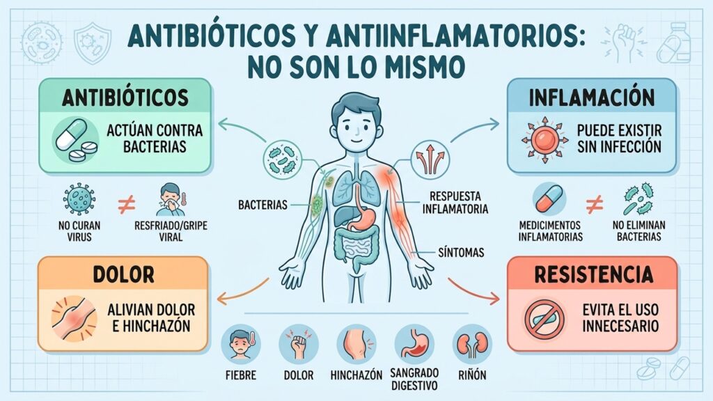 Antibióticos y antiinflamatorios pueden coincidir en un tratamiento, pero cumplen funciones diferentes.