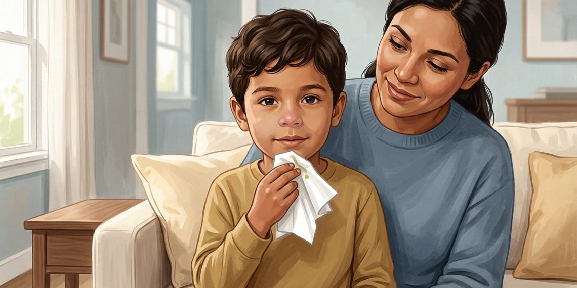 Niño de cabello castaño sostiene un pañuelo de papel con manchas verdosas cerca de la nariz mientras una mujer lo acompaña en el sofá de una sala luminosa.