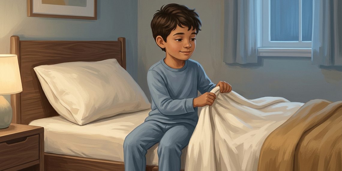 Niño de cabello castaño y pijama azul sentado en la cama mientras sujeta una manta blanca con ambas manos para prepararse para dormir.
