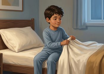Niño de cabello castaño y pijama azul sentado en la cama mientras sujeta una manta blanca con ambas manos para prepararse para dormir.