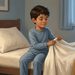 Niño de cabello castaño y pijama azul sentado en la cama mientras sujeta una manta blanca con ambas manos para prepararse para dormir.