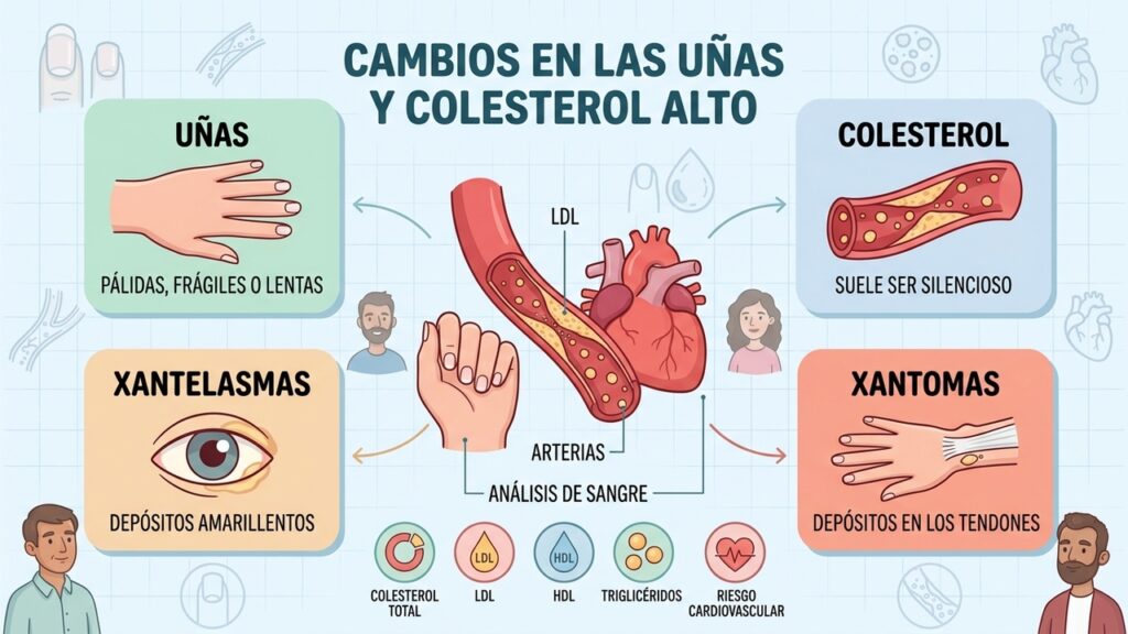 Las uñas pueden cambiar por muchas causas y no diagnostican por sí solas colesterol alto.
