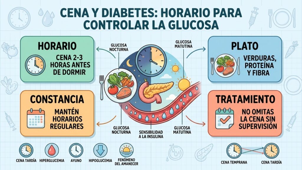 Cenar con tiempo y equilibrar el plato puede favorecer una glucosa nocturna más estable.