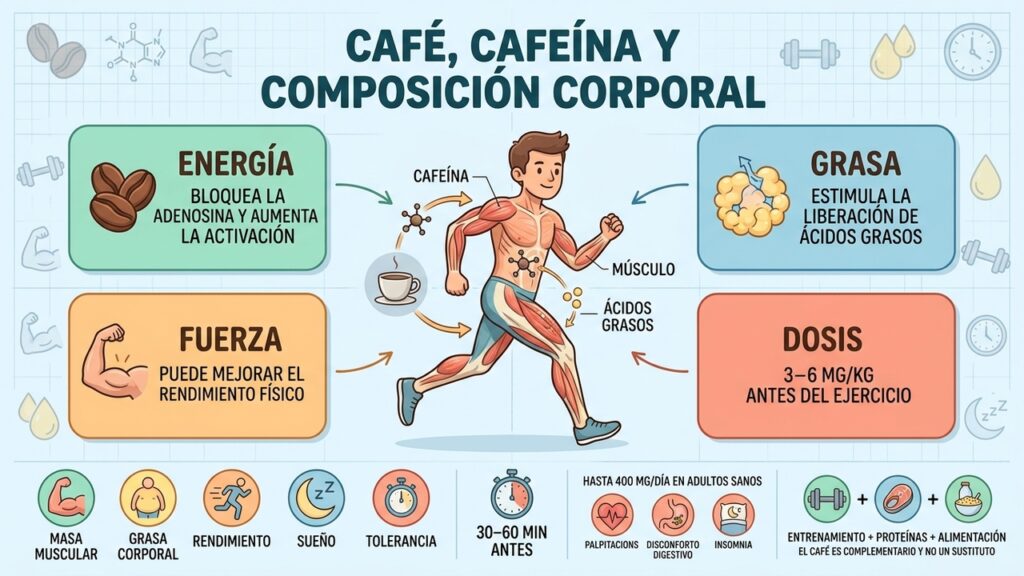 La cafeína puede apoyar el rendimiento físico y complementar una estrategia para mejorar la composición corporal.