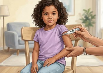 Niña pequeña sentada en una silla mientras un adulto le coloca un termómetro digital bajo el brazo en una habitación luminosa de casa.