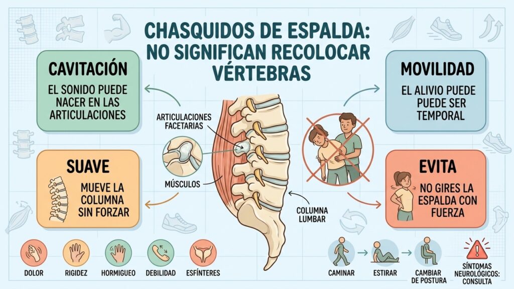 El chasquido de espalda no recoloca vértebras; el movimiento suave puede aliviar la rigidez.