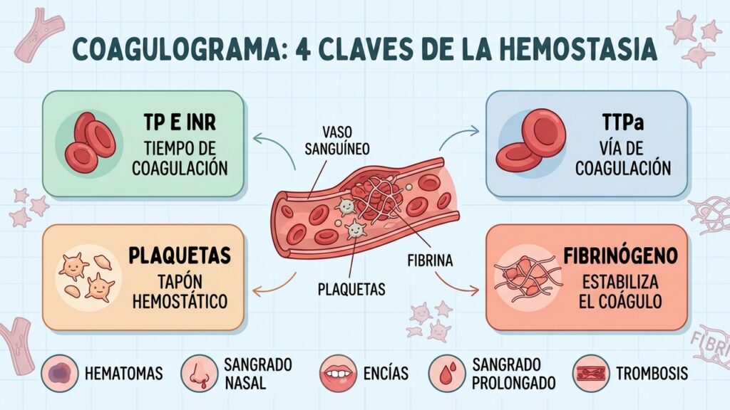 TP, INR, TTPa, plaquetas y fibrinógeno evalúan etapas clave de la hemostasia.