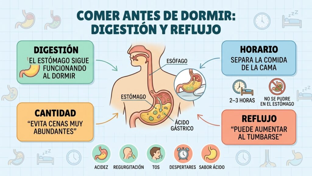 El estómago sigue digiriendo mientras duermes, aunque una cena abundante puede favorecer el reflujo.