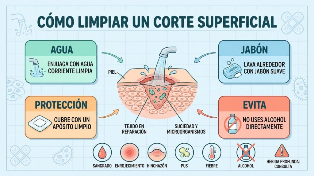 Para cortes superficiales, el agua corriente y la limpieza suave suelen ser opciones más adecuadas.