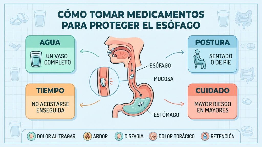 Agua, postura y tiempo adecuado reducen el riesgo de irritación esofágica por medicamentos.