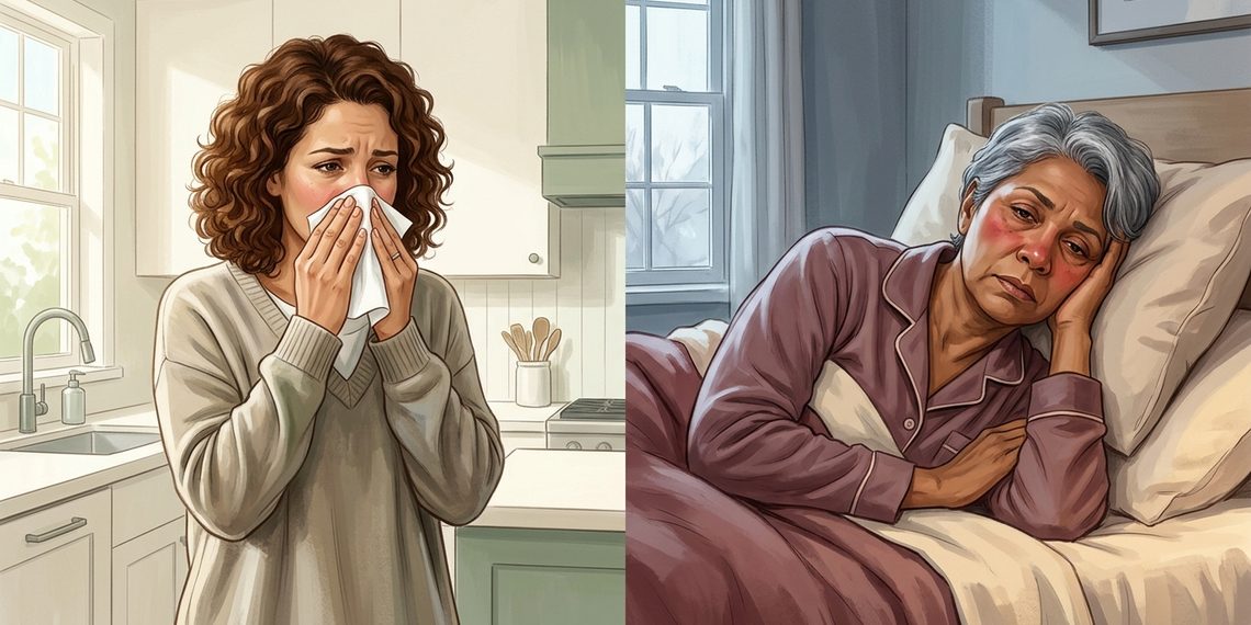 Ilustración comparativa de una mujer que se suena la nariz con un pañuelo y una mujer mayor acostada con aspecto de agotamiento, representando el resfriado y la gripe.