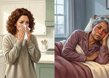 Ilustración comparativa de una mujer que se suena la nariz con un pañuelo y una mujer mayor acostada con aspecto de agotamiento, representando el resfriado y la gripe.