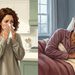 Ilustración comparativa de una mujer que se suena la nariz con un pañuelo y una mujer mayor acostada con aspecto de agotamiento, representando el resfriado y la gripe.
