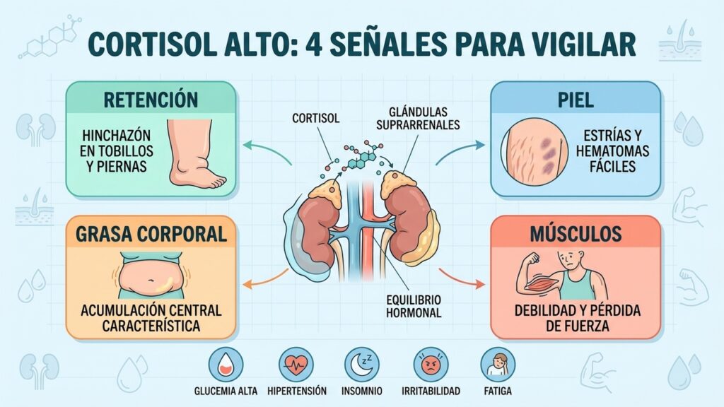 Retención, cambios en la piel, grasa central y debilidad muscular requieren evaluación médica.