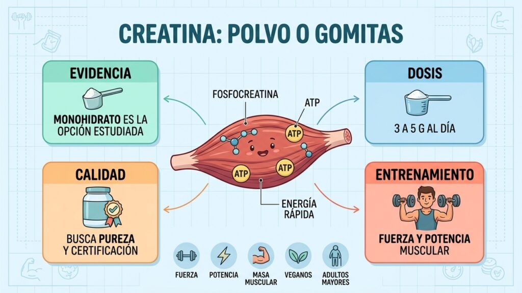 La creatina monohidratada en polvo concentra la mayor evidencia para mejorar fuerza y potencia.