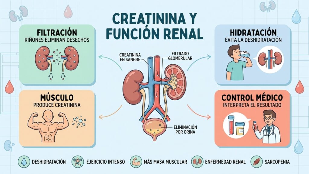 La creatinina depende de filtración renal, hidratación, masa muscular y contexto médico.