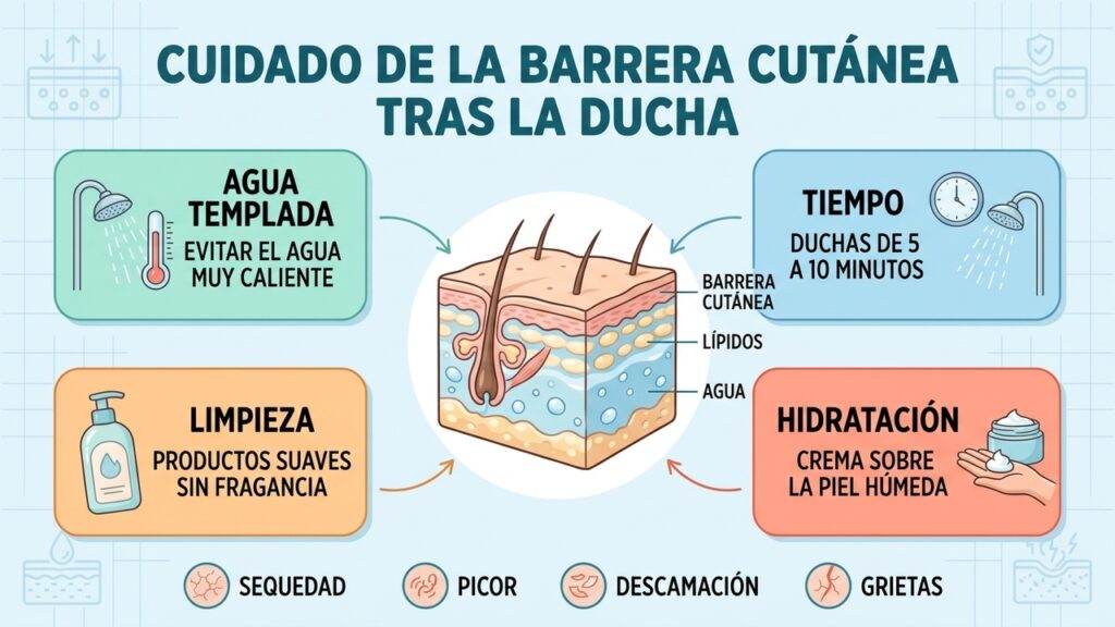 El agua muy caliente puede aumentar la sequedad y debilitar la barrera cutánea.