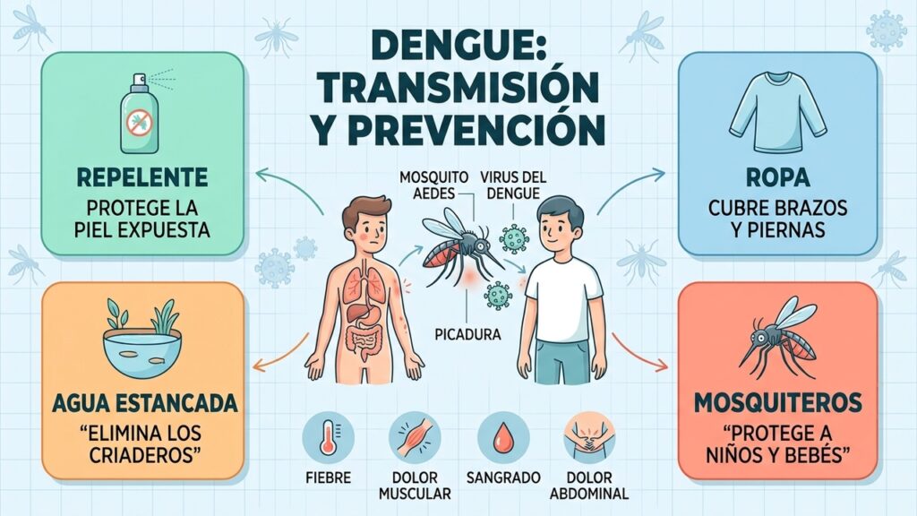 Prevenir el dengue exige repelente, ropa protectora, mosquiteros y eliminar agua estancada.