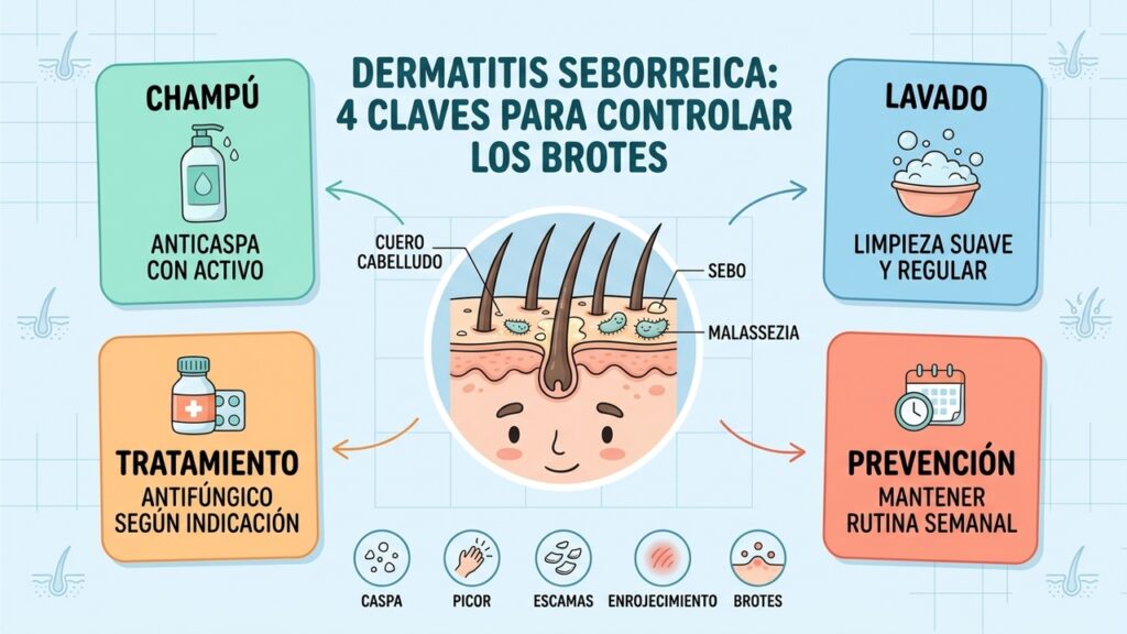 Cuatro claves ayudan a controlar la dermatitis seborreica: champú, limpieza, tratamiento y prevención.