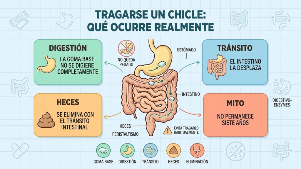 Tragarse un chicle ocasionalmente no hace que permanezca pegado al estómago durante años.