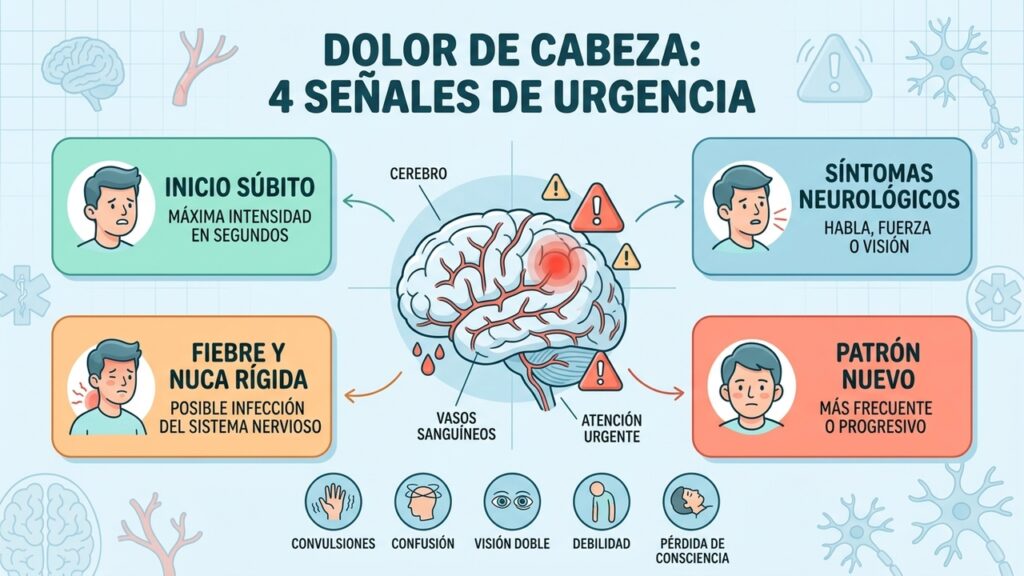 Inicio súbito, síntomas neurológicos, fiebre y cambios progresivos son señales de alarma.