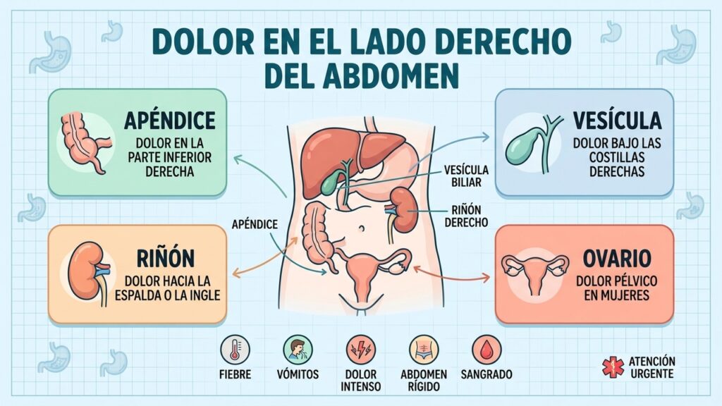 El dolor abdominal derecho puede relacionarse con el apéndice, la vesícula, el riñón o el ovario.