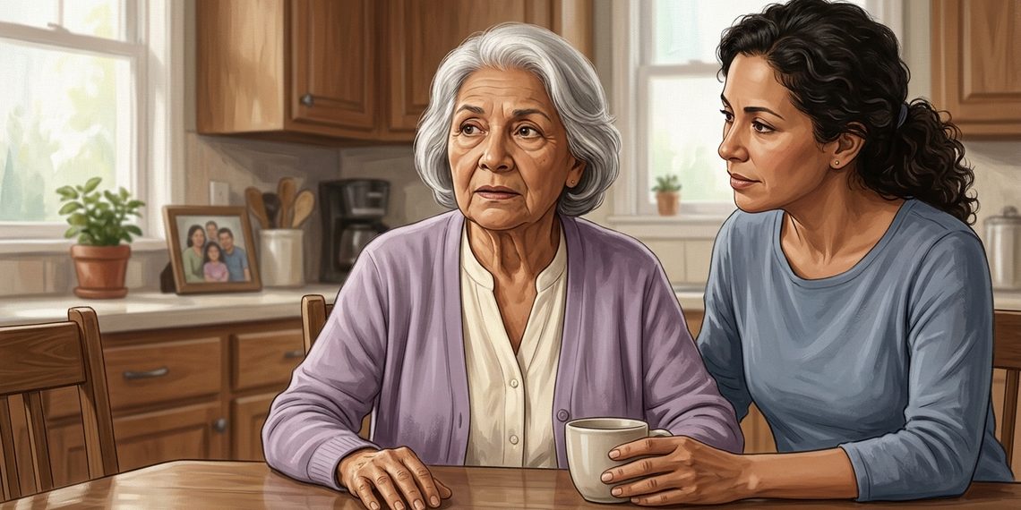 Mujer mayor sentada a la mesa con expresión de desconcierto mientras otra mujer la acompaña y sostiene una taza en una cocina luminosa.
