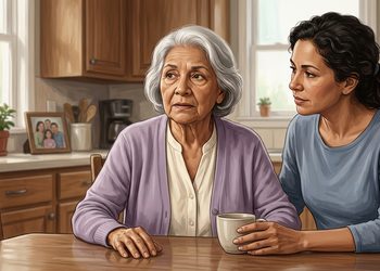Mujer mayor sentada a la mesa con expresión de desconcierto mientras otra mujer la acompaña y sostiene una taza en una cocina luminosa.