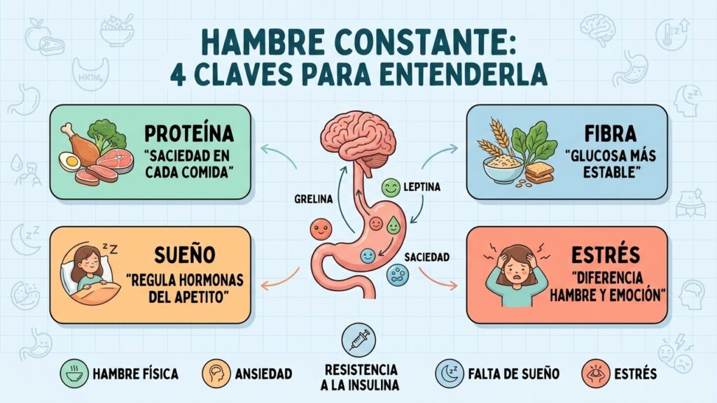 Proteína, fibra, sueño y manejo del estrés ayudan a comprender mejor el apetito.