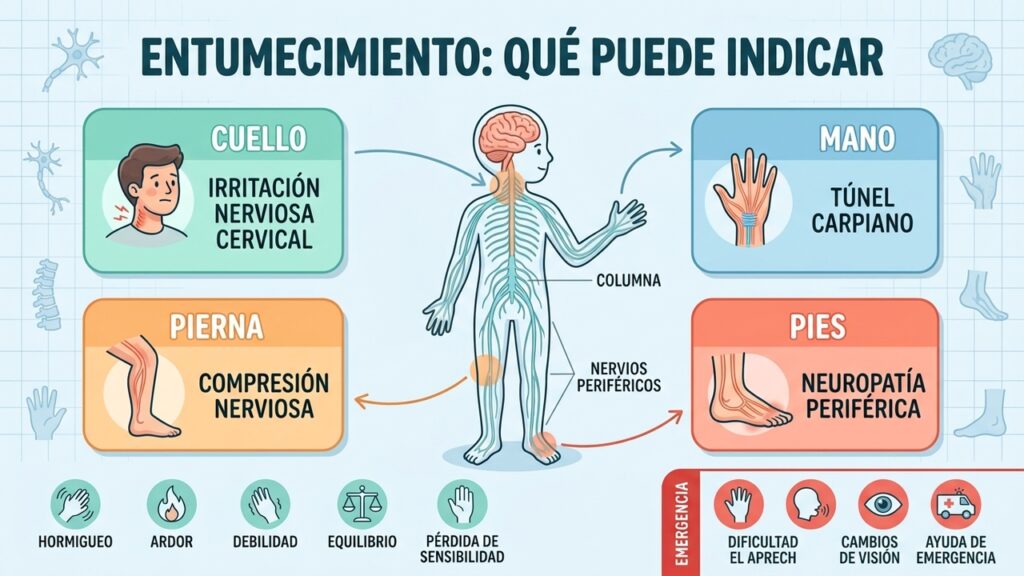 La zona y distribución del entumecimiento pueden ofrecer pistas sobre qué nervios están afectados.