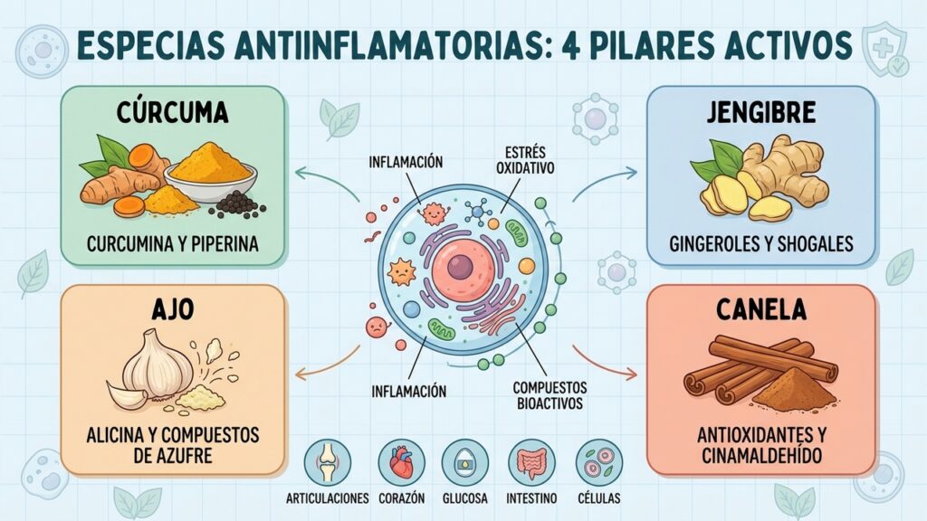 Cúrcuma, jengibre, ajo y canela reúnen cuatro pilares con potencial antiinflamatorio.