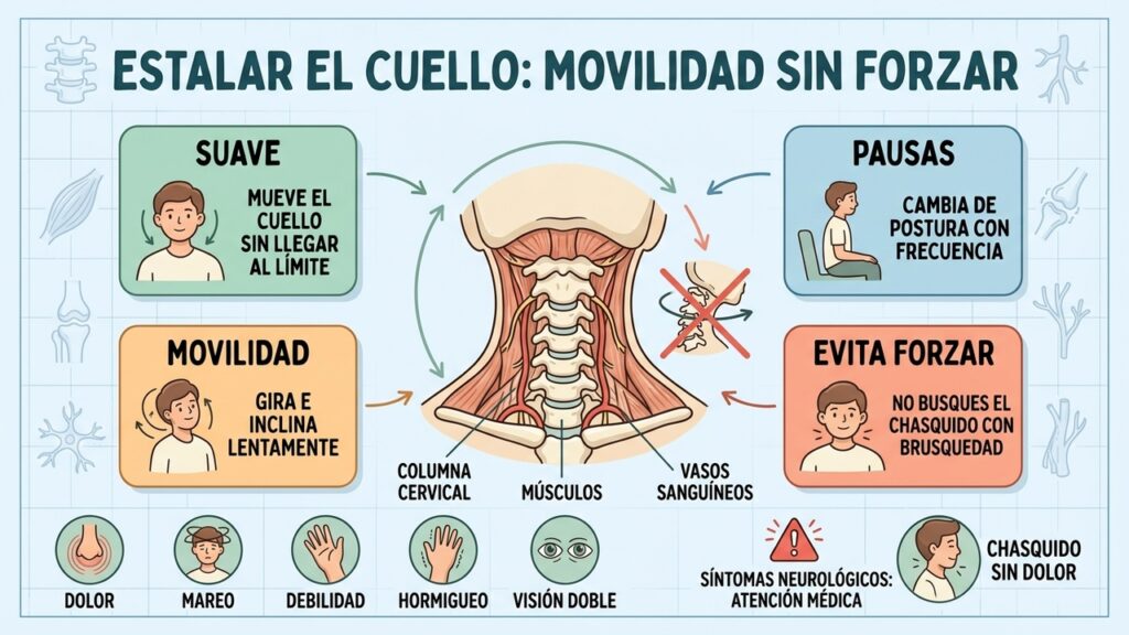 Pausas, movilidad suave y evitar movimientos bruscos ayudan a cuidar la columna cervical.