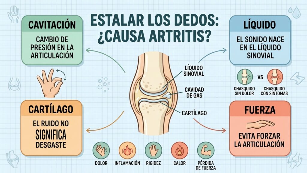 El chasquido de los dedos se relaciona con cambios físicos del líquido sinovial, no con artritis.