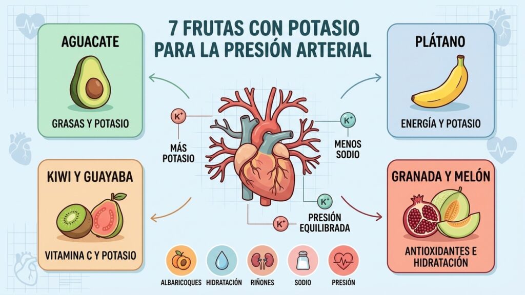 Aguacate, plátano, guayaba y otras frutas ayudan a aumentar el potasio dietético.