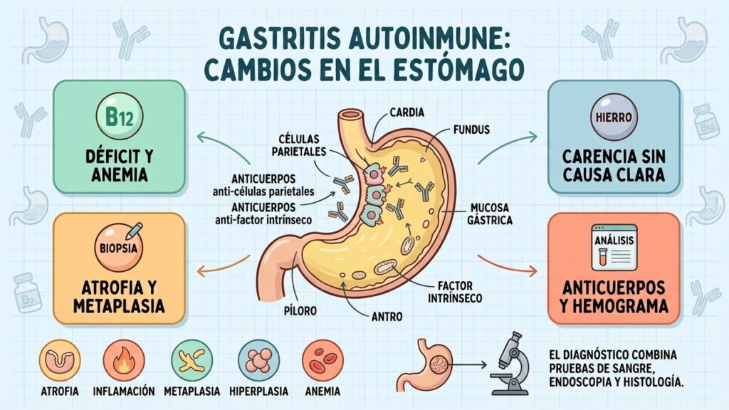 Atrofia, metaplasia, anemia y déficit de B12 orientan el estudio de la gastritis autoinmune.