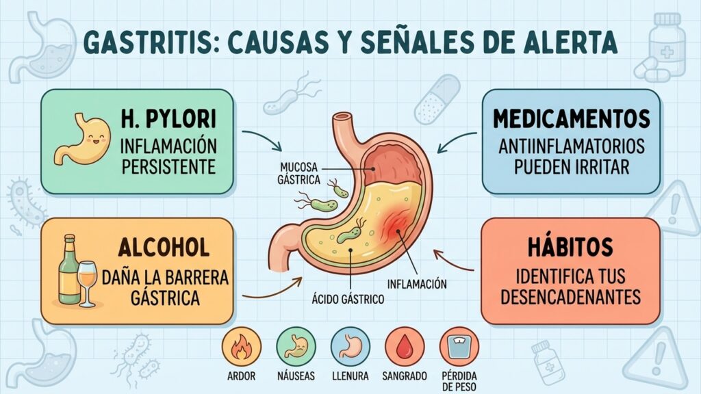 Helicobacter pylori, antiinflamatorios y alcohol pueden favorecer la inflamación de la mucosa gástrica.