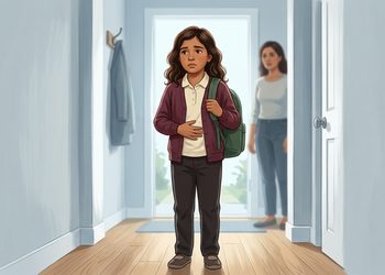Niña con mochila escolar verde se lleva una mano al abdomen y muestra expresión de preocupación mientras una mujer permanece al fondo, junto a la puerta de casa.