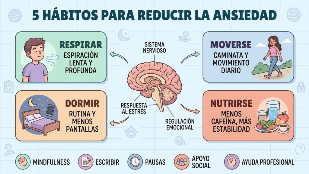 Respiración, movimiento, sueño y nutrición forman pilares prácticos para reducir la ansiedad.