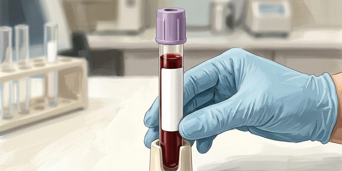 Mano con guante azul sostiene un tubo de extracción con muestra de sangre en un entorno de laboratorio, junto a una gradilla con otros tubos al fondo.